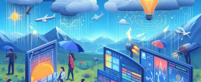 Illustration of people working and interacting in a vibrant, technologically advanced landscape with various energy sources and digital screens under a day-to-night sky.