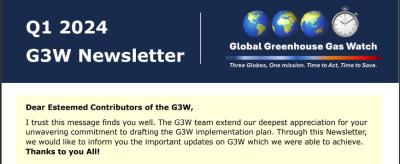 G3W Newsletter header titled "Q1 2024" with a thank you message to contributors, featuring a logo with three globes and a clock.