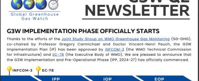 Newsletter header announcing the start of the G3W Implementation Phase, co-chaired by Gregory Carmichael and Vincent-Henri Peuch, detailing phases and committees involved.