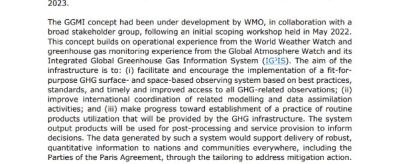 Page of a document titled "WMO International Greenhouse Gas Monitoring Symposium" with summary and key points from a meeting held in Geneva, January 2023, discussing greenhouse gas monitoring.
