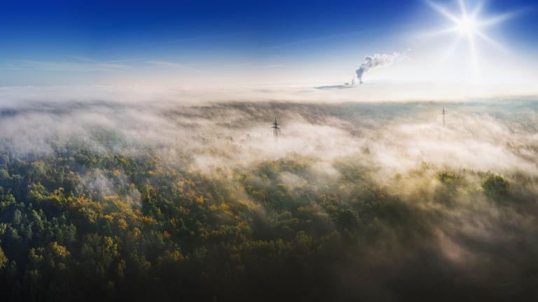 landscape from above in the early morning in the fog