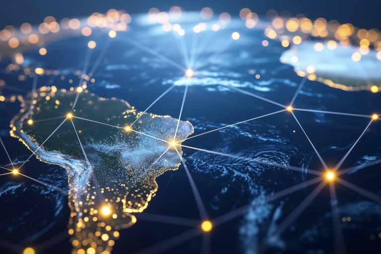 Illuminated network connections and data points across a digital map of the earth, highlighting global communication and technology infrastructure.
