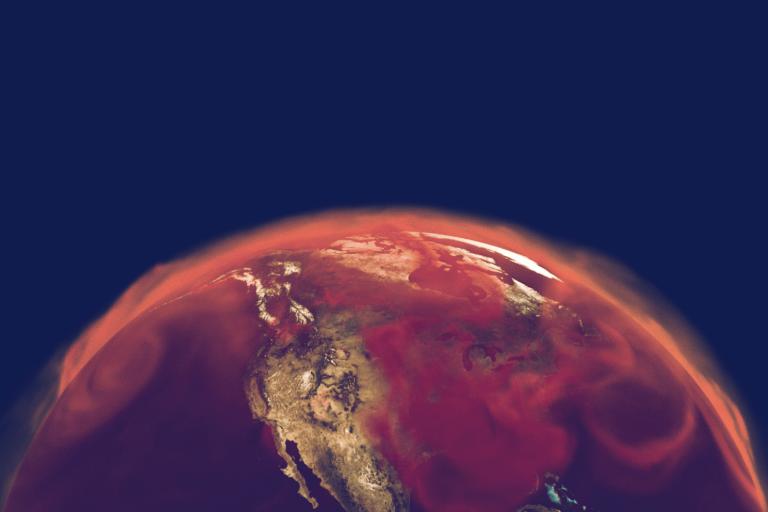 A view of Earth from space with North America visible, covered by swirling red and orange hues representing atmospheric pollution or heat.
