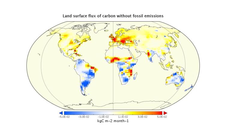 World map showing land surface flux of carbon without fossil emissions, using a color gradient from red (high) to blue (low). Most intense areas are in Africa, Europe, and the Americas.