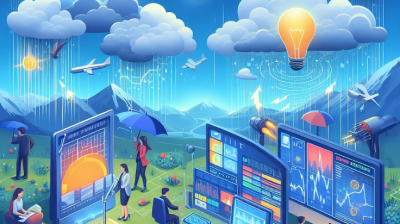 Illustration of people working and interacting in a vibrant, technologically advanced landscape with various energy sources and digital screens under a day-to-night sky.