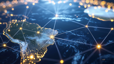 Illuminated network connections and data points across a digital map of the earth, highlighting global communication and technology infrastructure.