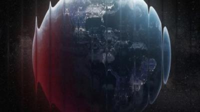 A digitally altered image of Earth with a wave-like distortion effect, showing continents and lights on the darkened surface.